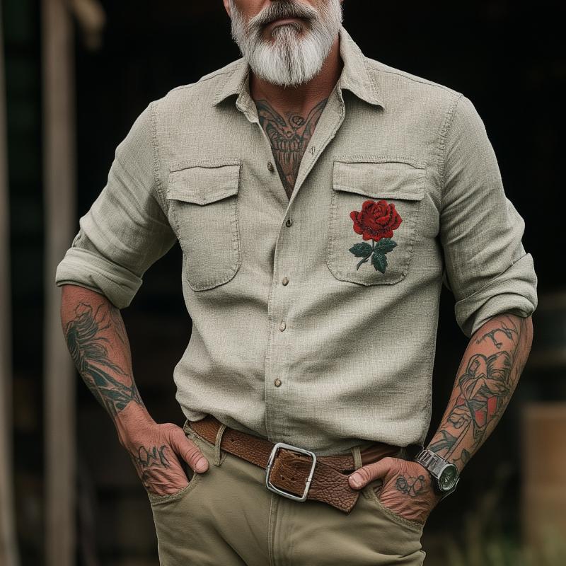 Chemise à manches longues brodée style cowboy rétro décontracté pour homme