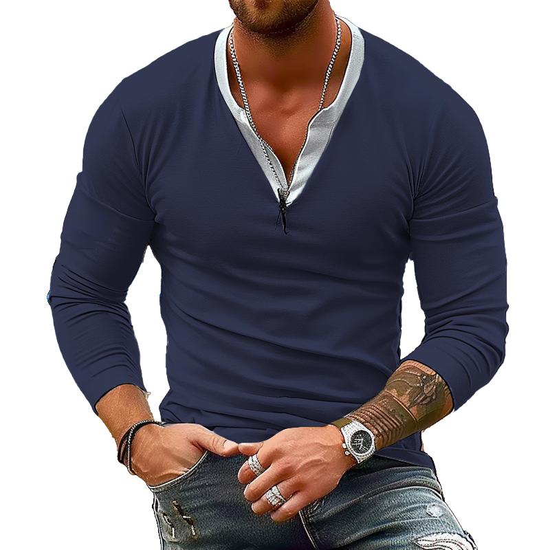 T-shirt décontracté à manches longues et col en V double pour homme