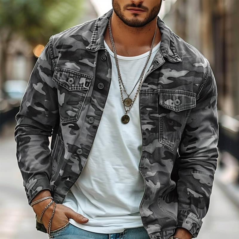 Veste à revers style rétro en toile camouflage pour homme