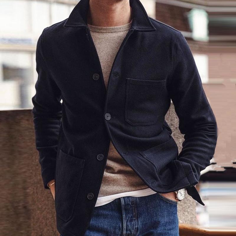 Men's Vintage Wool Blended Lapel Single Breasted Multi-pocket Work Jacket