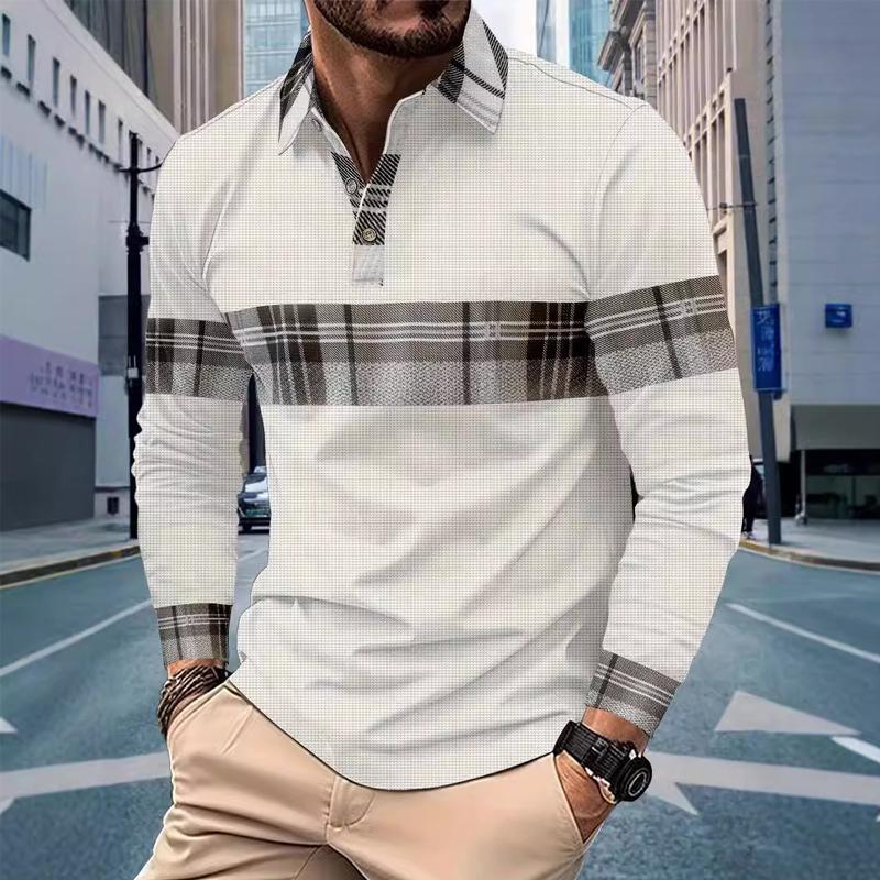 Men's Casual Long Sleeve Colorblock Button Waffle Polo Shirt
