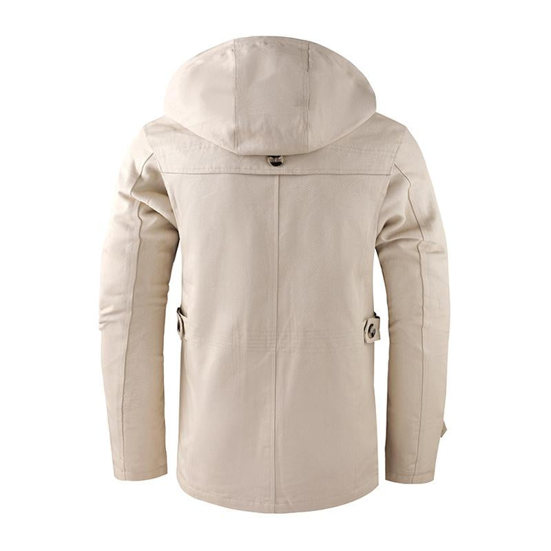 Men's Casual Washed Cotton Warm Stand Collar Hooded Mid-length Coat