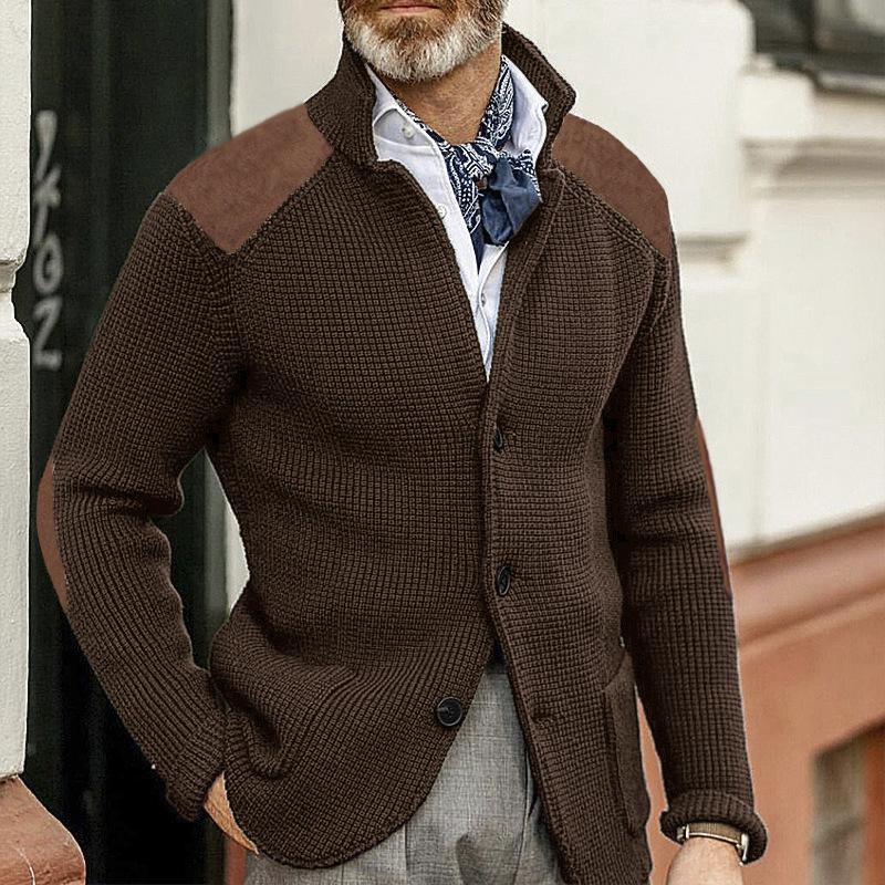 Men's Vintage Stand Collar Patchwork Slim Long Sleeve Knitted Blazer