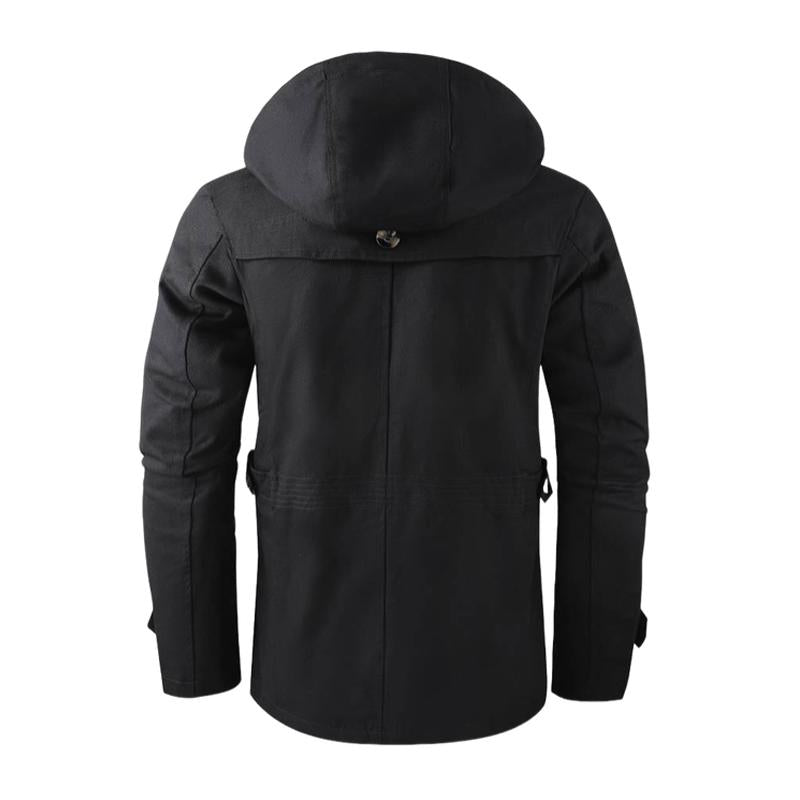 Men's Casual Washed Cotton Warm Stand Collar Hooded Mid-length Coat