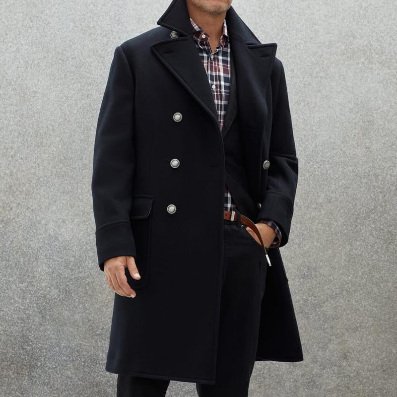 Men's Vintage Lapel Wool Blend Double-Breasted Mid-Length Coat