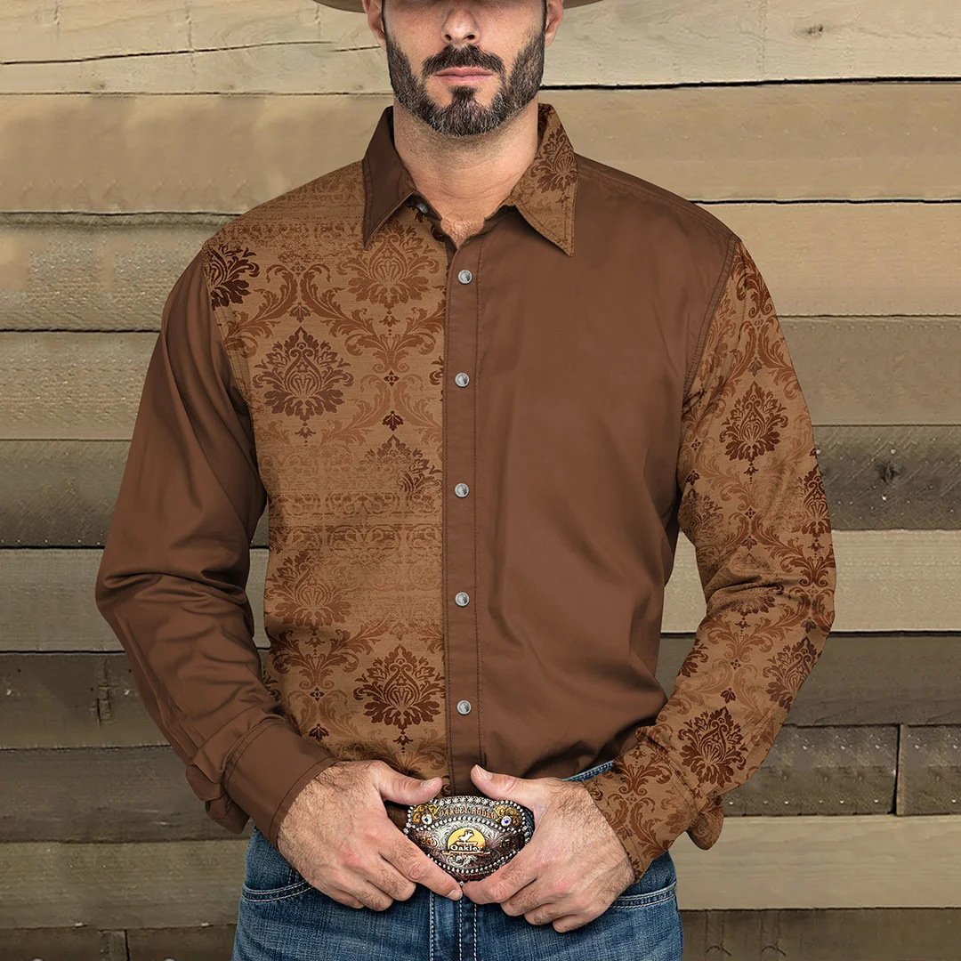 Chemise à manches longues et revers en denim imprimé western pour homme