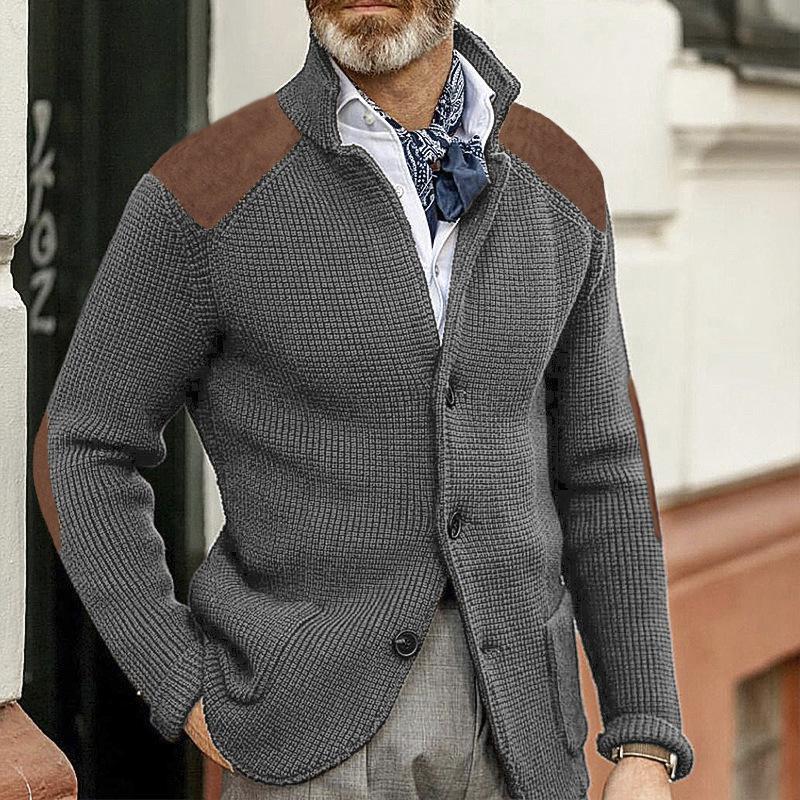 Men's Vintage Stand Collar Patchwork Slim Long Sleeve Knitted Blazer
