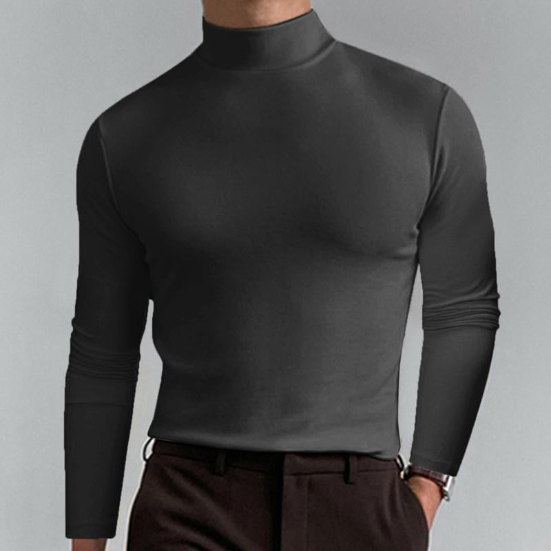 T-shirt décontracté à manches longues et col montant pour homme, couleur unie