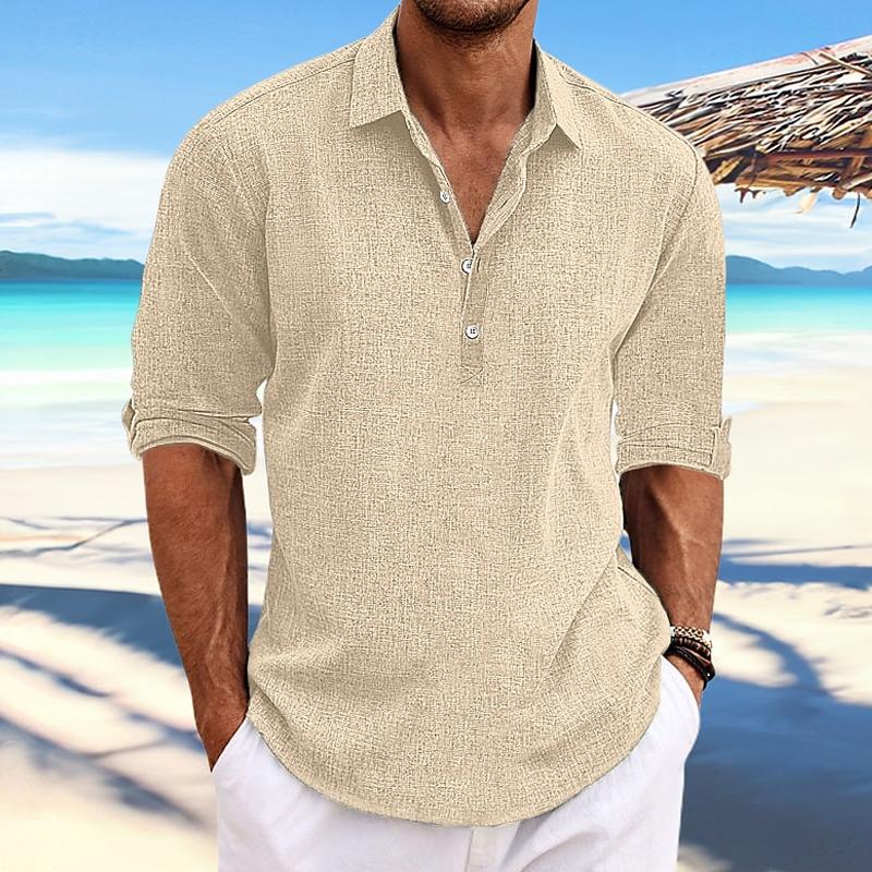 Men's Casual Solid Color Pullover Lapel Roll-Up Sleeve Long Sleeve Shirt