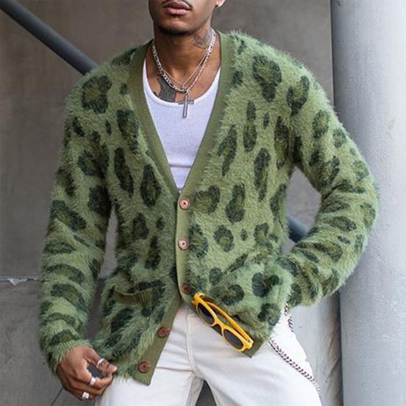 Men's Vintage Leopard V-Neck Single-Breasted Cardigan