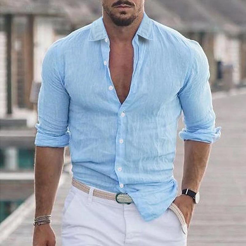 Men's Casual Solid Color Lapel Long Sleeve Shirt
