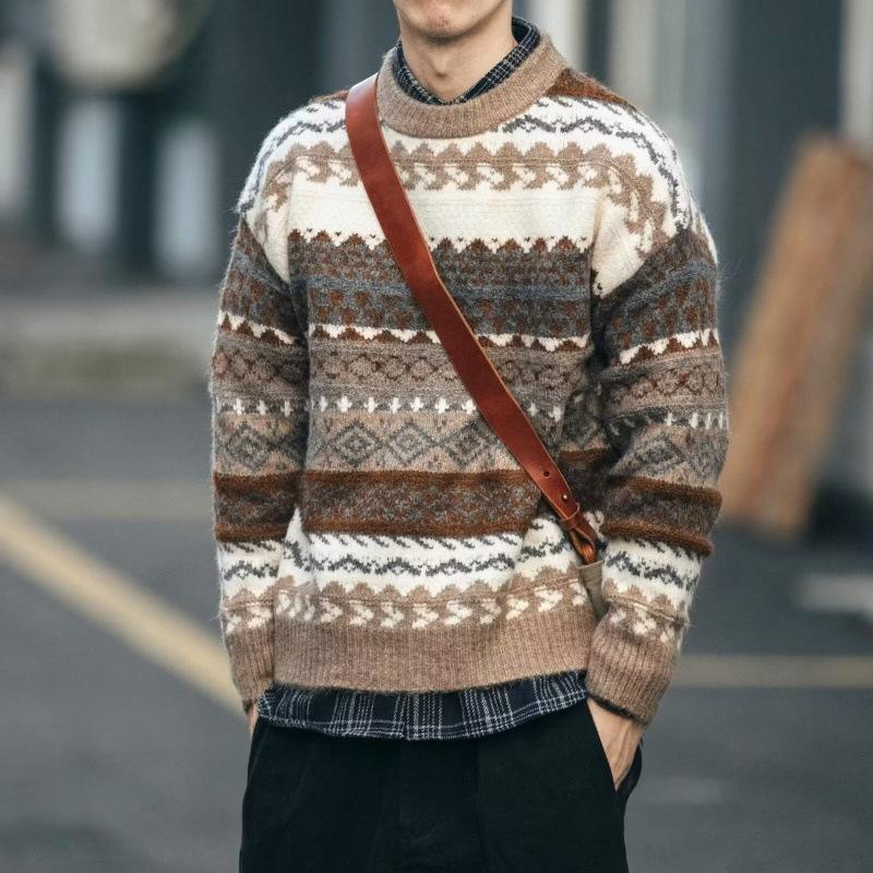 Pull à manches longues et col rond en jacquard Fair Isle pour homme