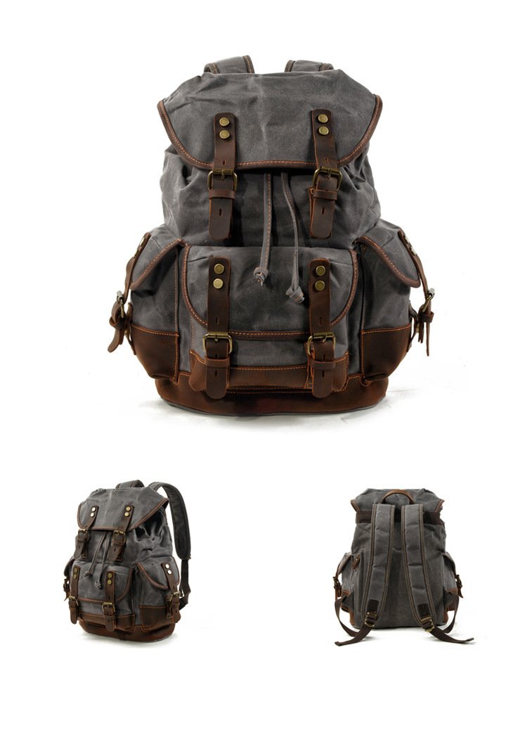 Men's Vintage Outdoor Canvas Stitching Leather Multi-Pocket Backpack