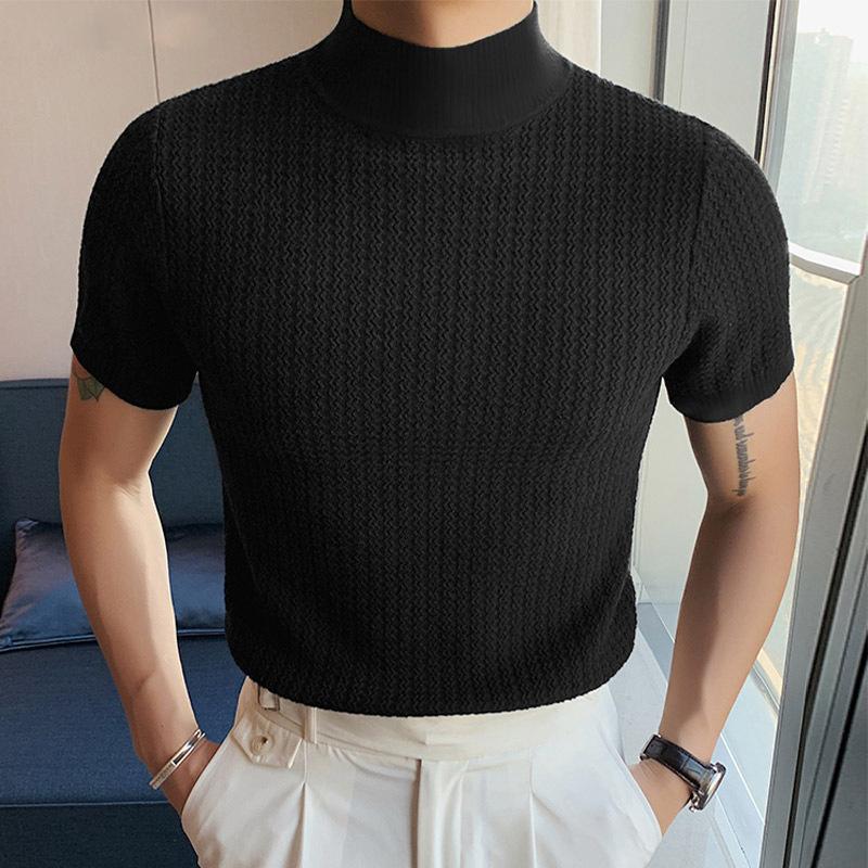 T-shirt à manches courtes et col roulé pour homme, couleur unie, en maille serrée