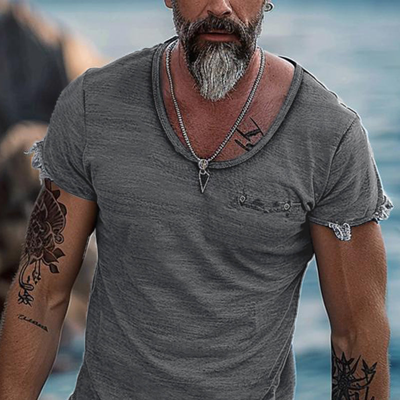 Men's Retro Solid Color Round Neck Raw Edge Short Sleeve T-Shirt