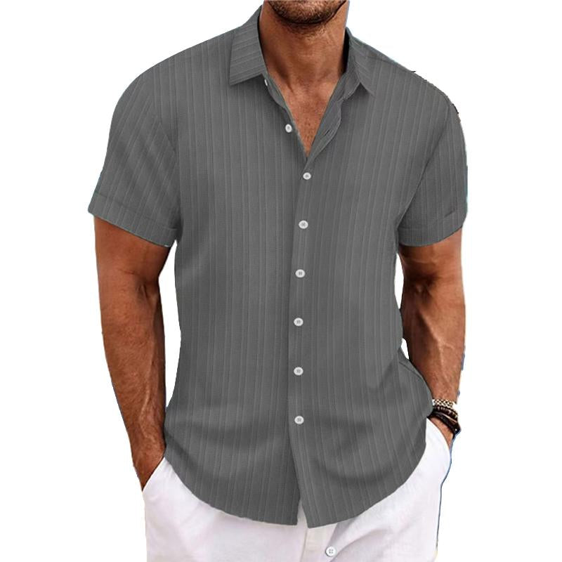 Men's Cotton Linen Stripe Print Loose Short Sleeve Lapel Shirt