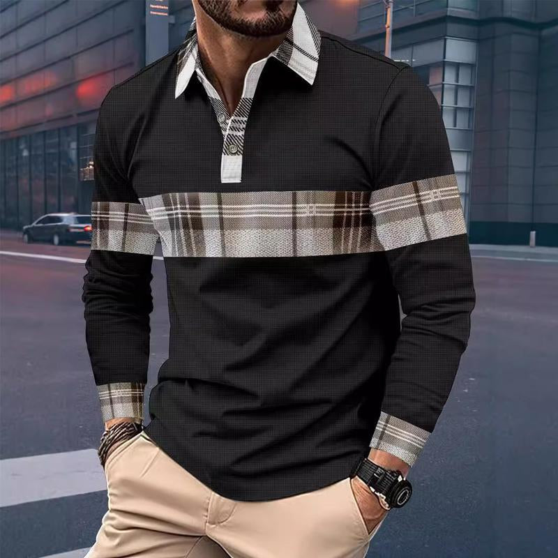 Men's Casual Long Sleeve Colorblock Button Waffle Polo Shirt