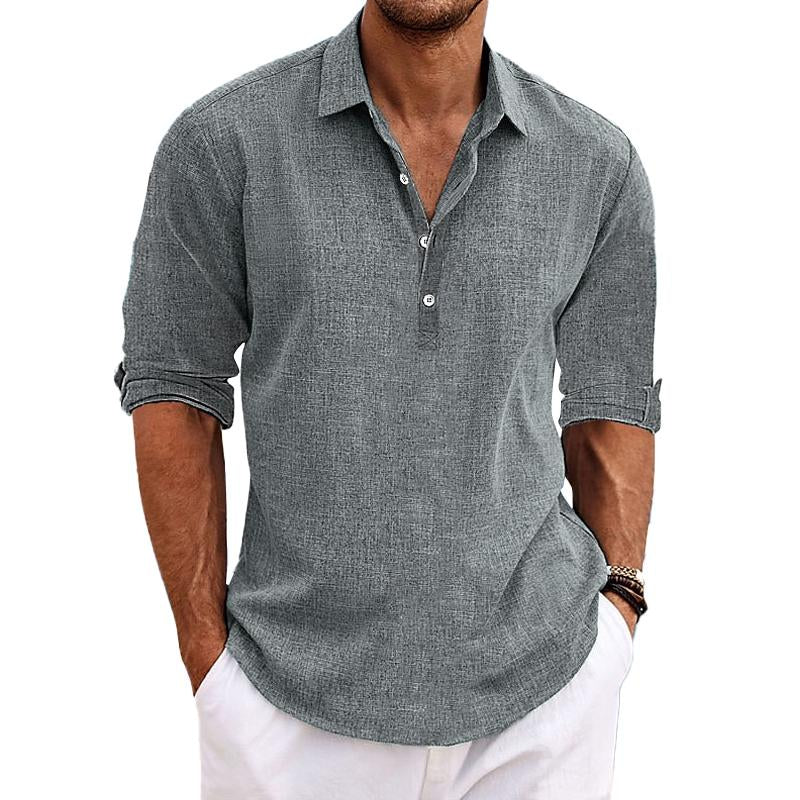 Men's Casual Solid Color Pullover Lapel Roll-Up Sleeve Long Sleeve Shirt