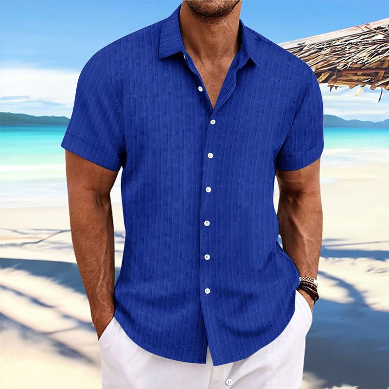 Men's Cotton Linen Stripe Print Loose Short Sleeve Lapel Shirt