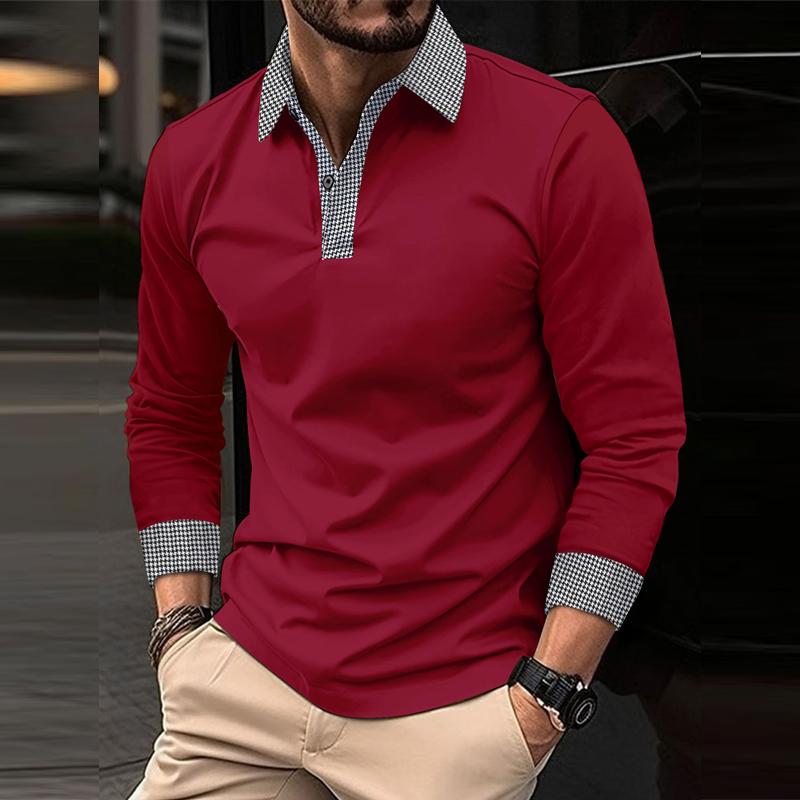 Men's Casual Plaid Patchwork Long-Sleeved Polo Shirt