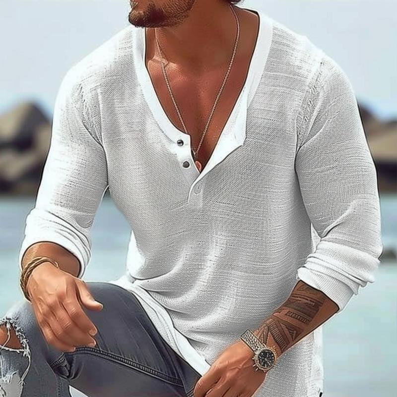 T-shirt décontracté à manches longues et col en U en coton et lin pour homme