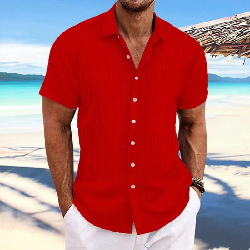 Men's Cotton Linen Stripe Print Loose Short Sleeve Lapel Shirt
