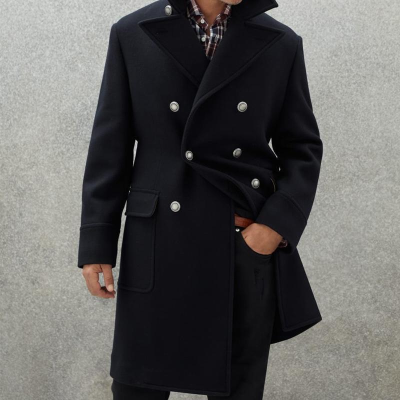 Men's Vintage Lapel Wool Blend Double-Breasted Mid-Length Coat