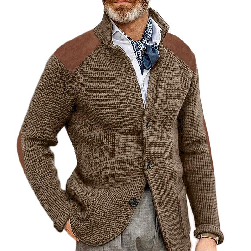 Men's Vintage Stand Collar Patchwork Slim Long Sleeve Knitted Blazer