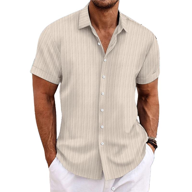 Men's Cotton Linen Stripe Print Loose Short Sleeve Lapel Shirt