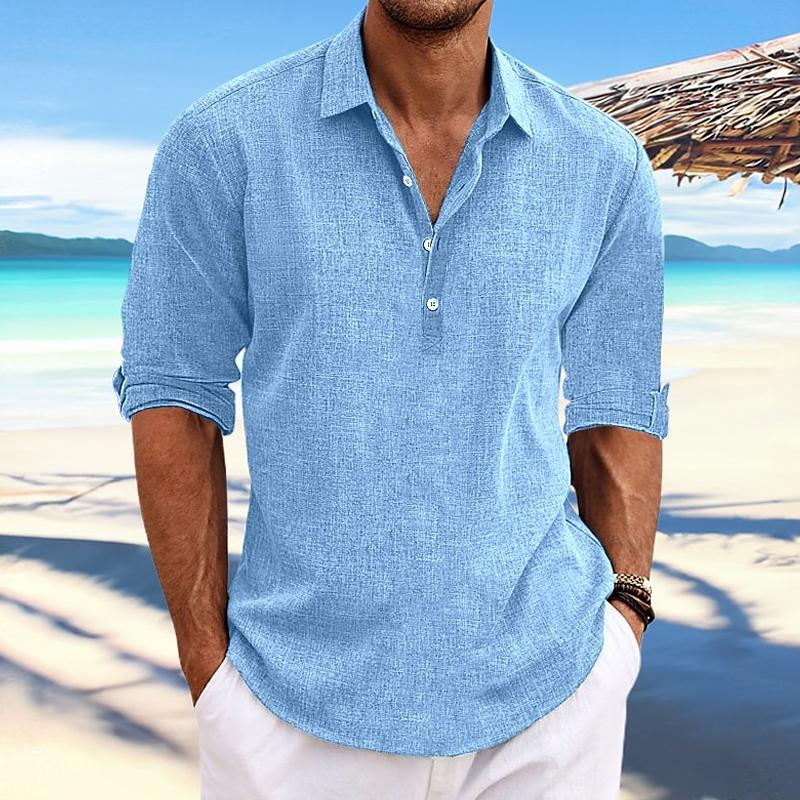 Men's Casual Solid Color Pullover Lapel Roll-Up Sleeve Long Sleeve Shirt