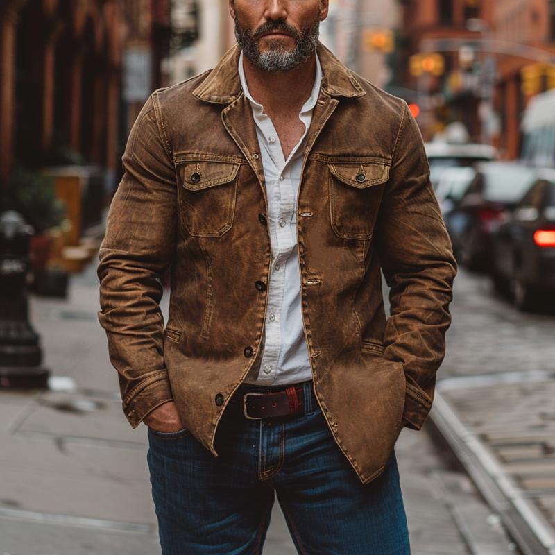 Veste de travail vintage en cuir délavé épais pour homme, simple boutonnage, multi-poches