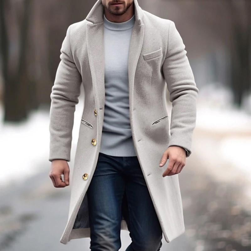 Men'S Vintage Solid Color Long Woolen Single-Breasted Lapel Coat