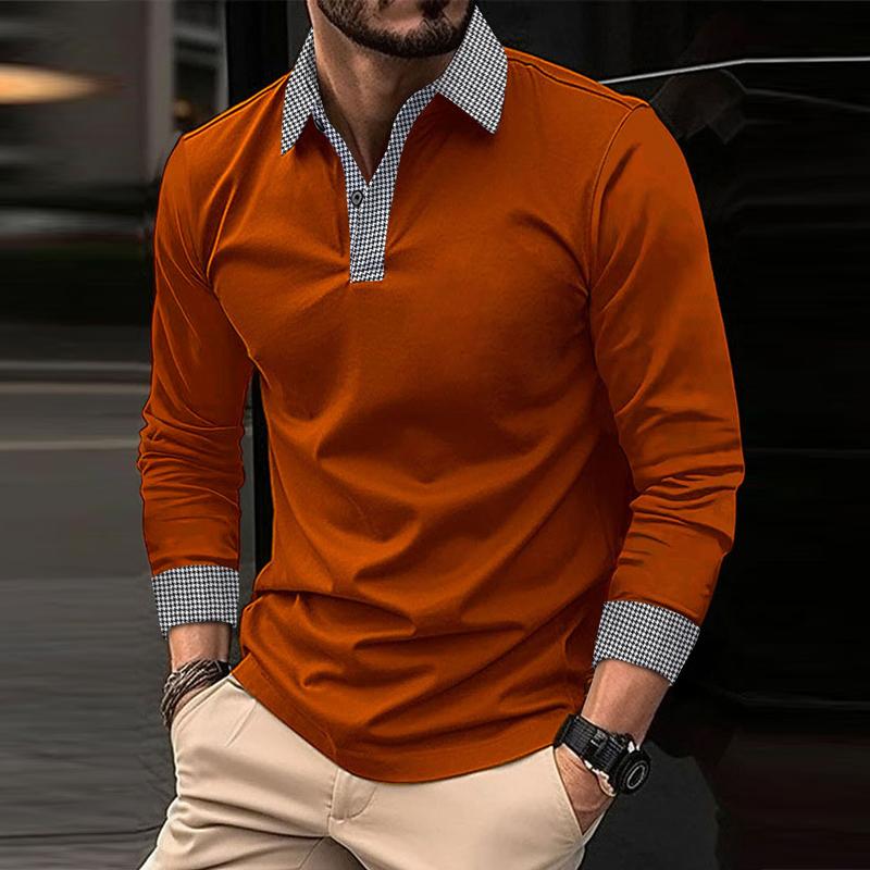 Men's Casual Plaid Patchwork Long-Sleeved Polo Shirt