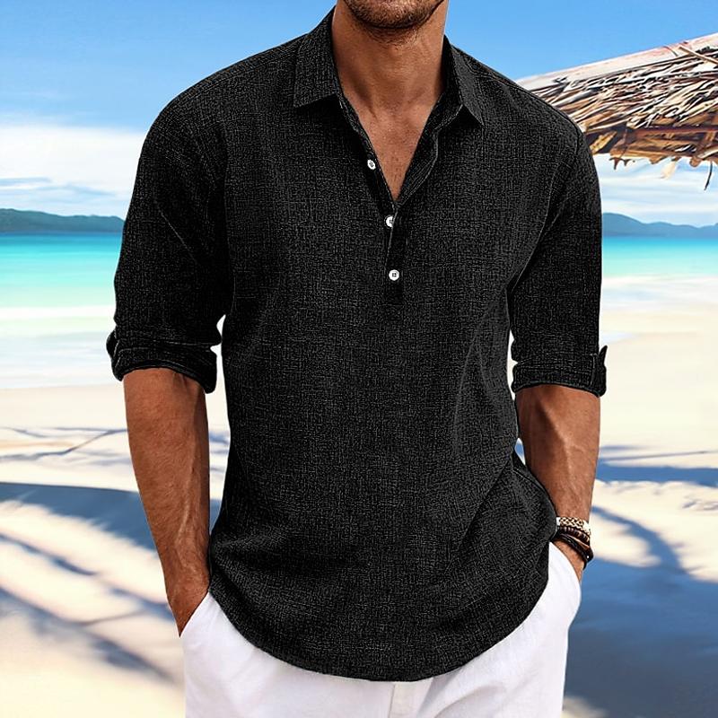Men's Casual Solid Color Pullover Lapel Roll-Up Sleeve Long Sleeve Shirt