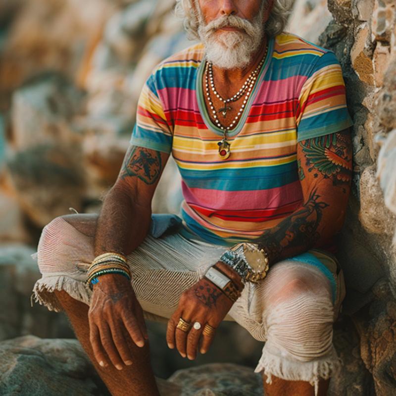 Men's Vintage Rainbow Stripe Print Crew Short Sleeve T-Shirt