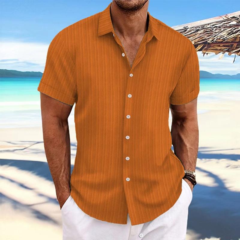 Men's Cotton Linen Stripe Print Loose Short Sleeve Lapel Shirt