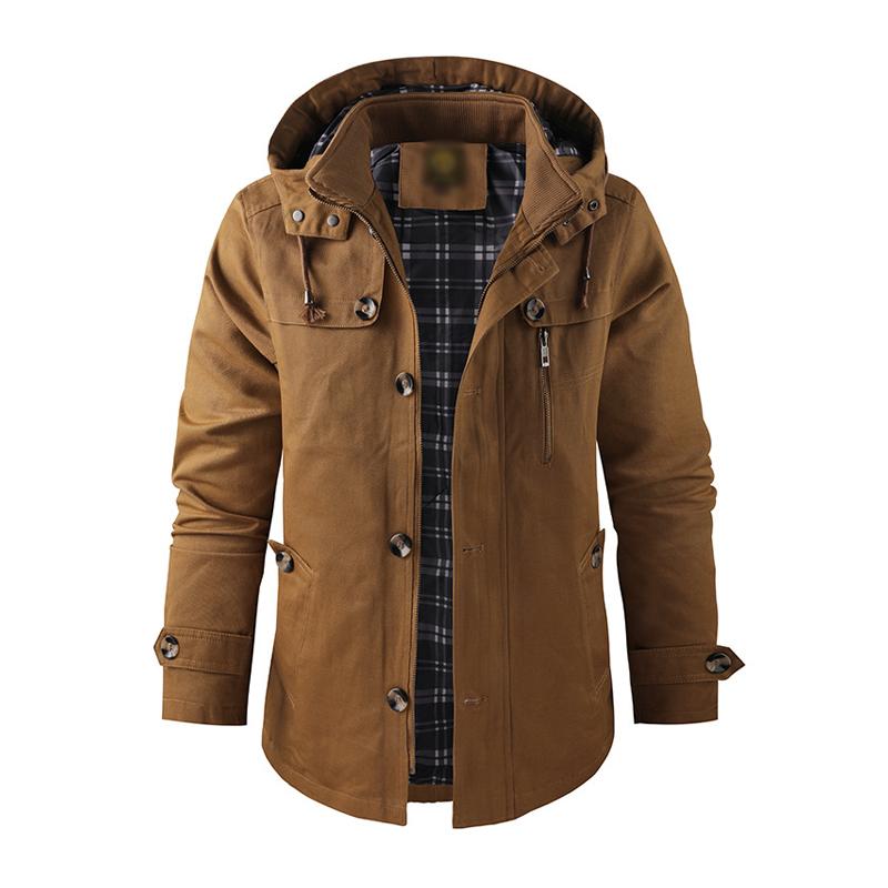 Men's Casual Washed Cotton Warm Stand Collar Hooded Mid-length Coat