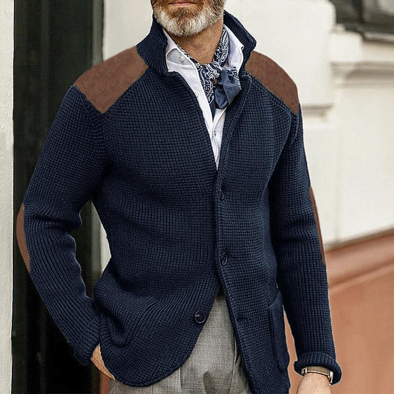 Men's Vintage Stand Collar Patchwork Slim Long Sleeve Knitted Blazer