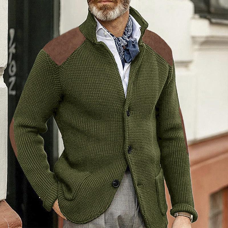 Men's Vintage Stand Collar Patchwork Slim Long Sleeve Knitted Blazer