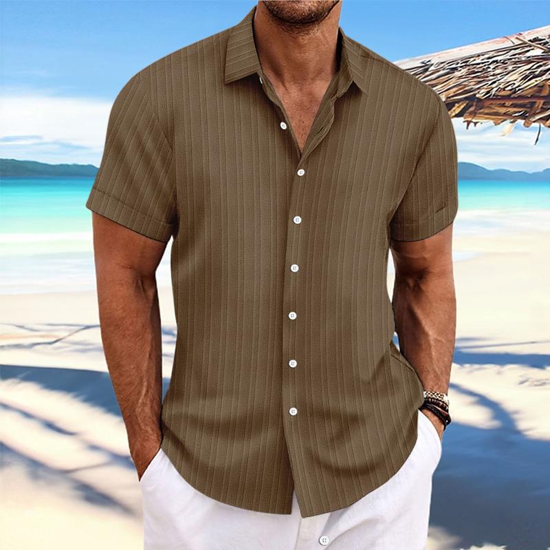 Men's Cotton Linen Stripe Print Loose Short Sleeve Lapel Shirt