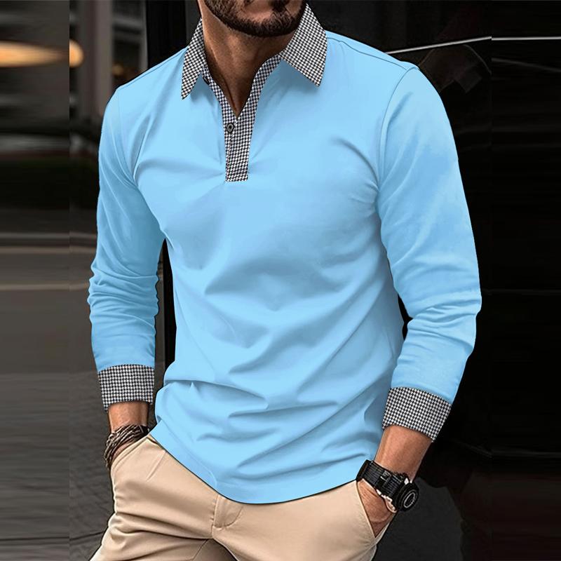 Men's Casual Plaid Patchwork Long-Sleeved Polo Shirt