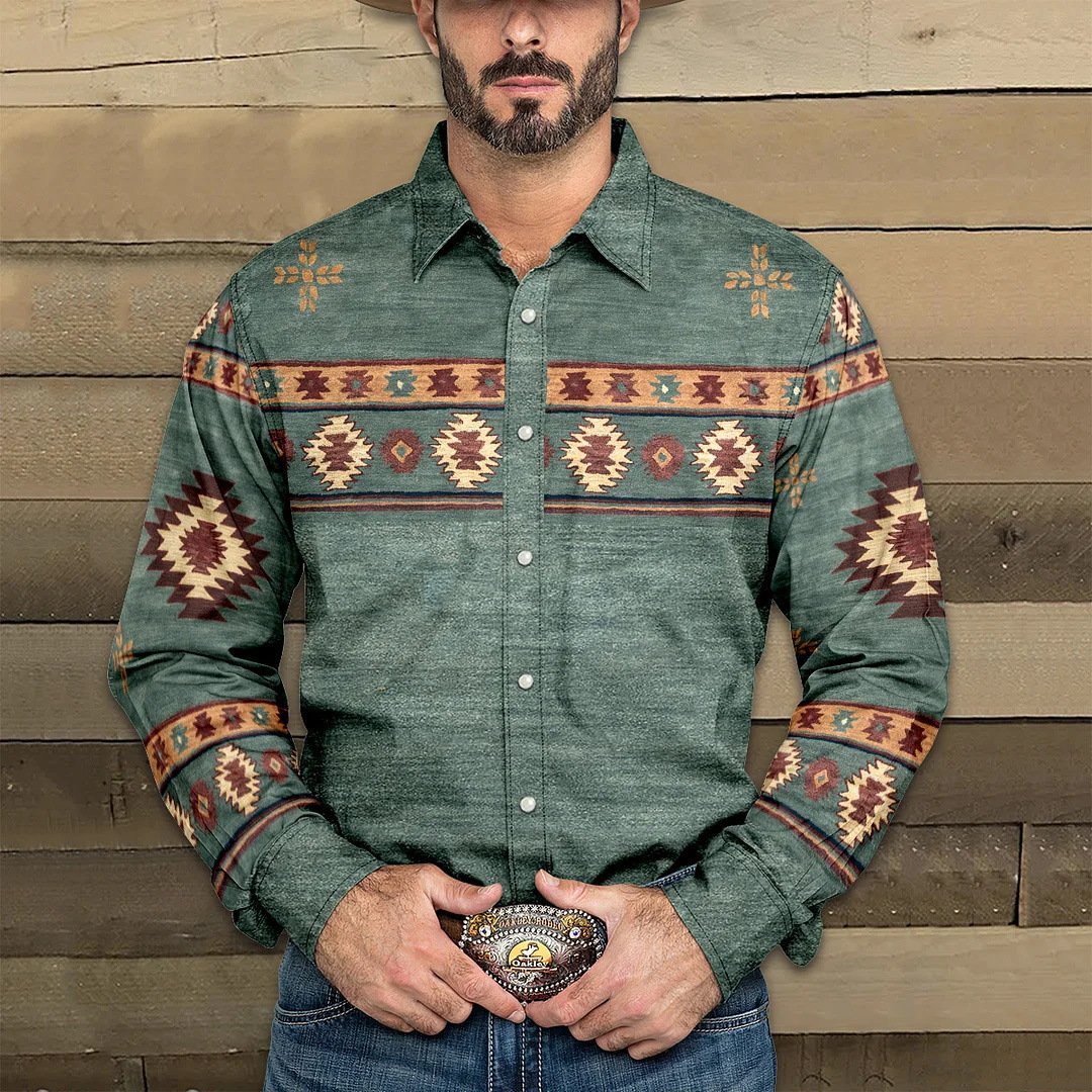 Chemise à manches longues et revers en denim imprimé western pour homme