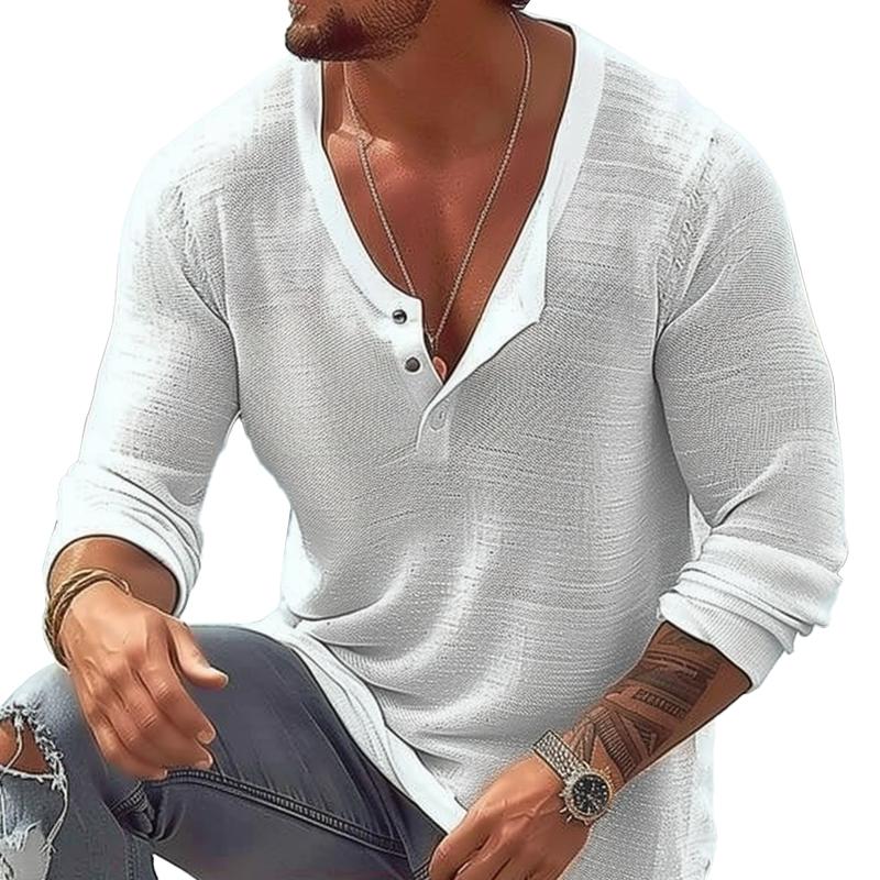 T-shirt décontracté à manches longues et col en U en coton et lin pour homme
