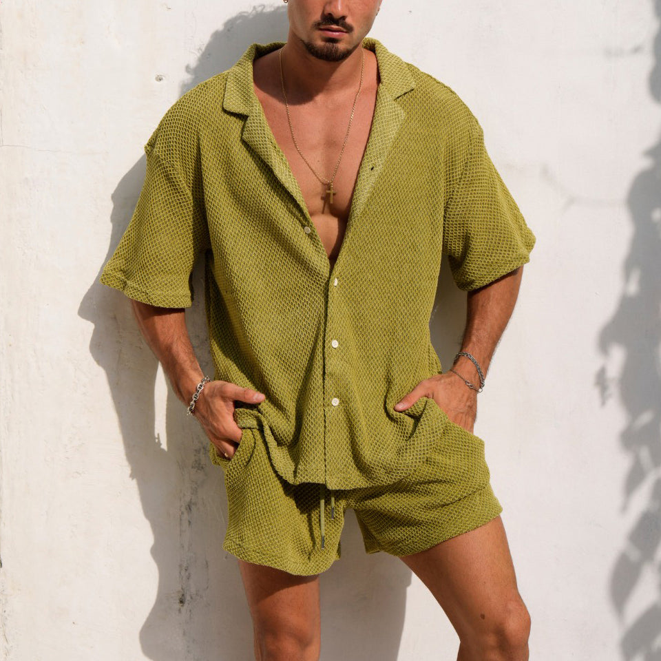 Ensemble chemise à revers et short décontracté pour homme, idéal pour l'été