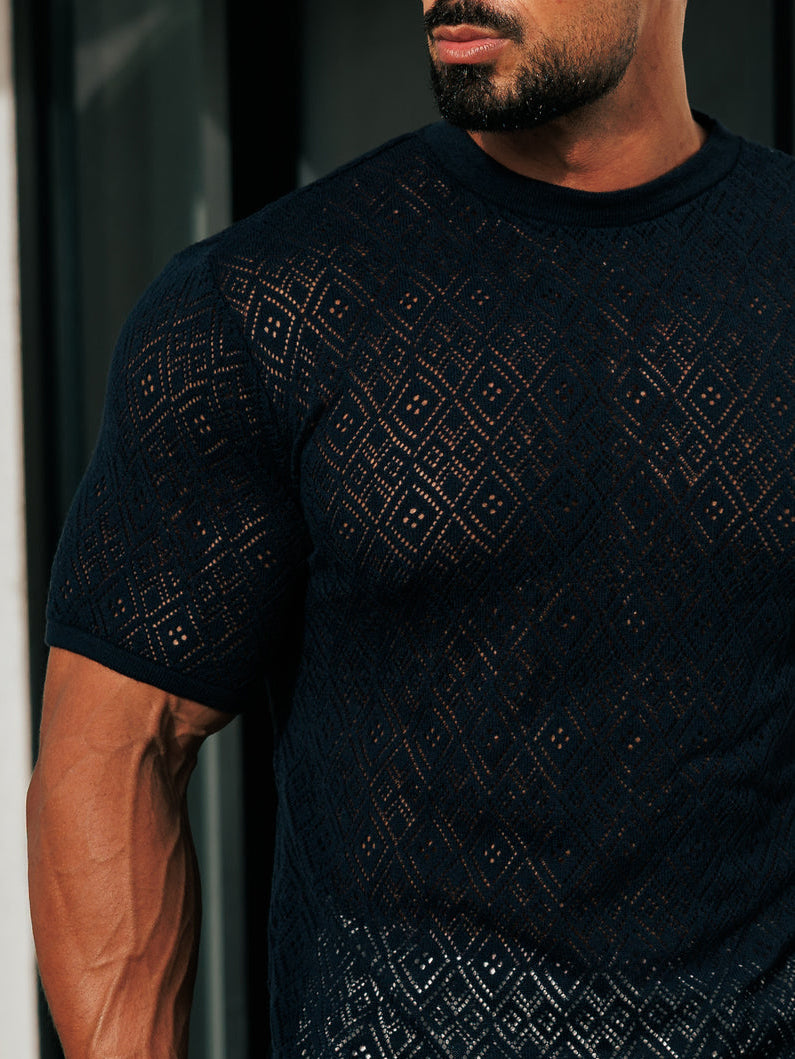 T-shirt bleu à manches courtes et col rond en crochet 