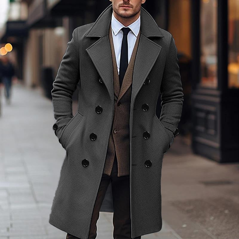 Men's Solid Notch Lapel Double Breasted Long Coat