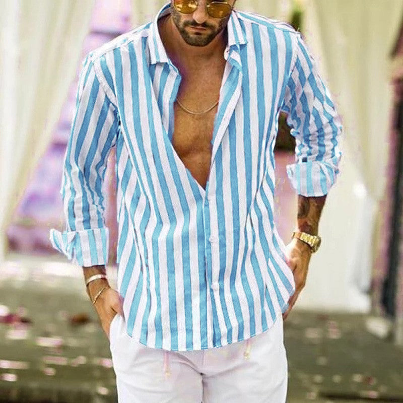Men's Long Sleeve Striped Lapel Shirt