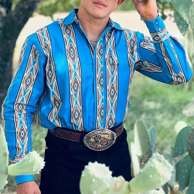 Men's Western Denim Print Lapel Long Sleeve Shirt