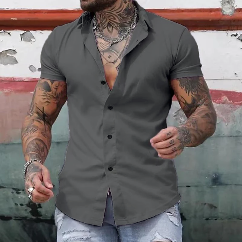 Men's Solid Lapel Short Sleeve Sports Fitness Shirt
