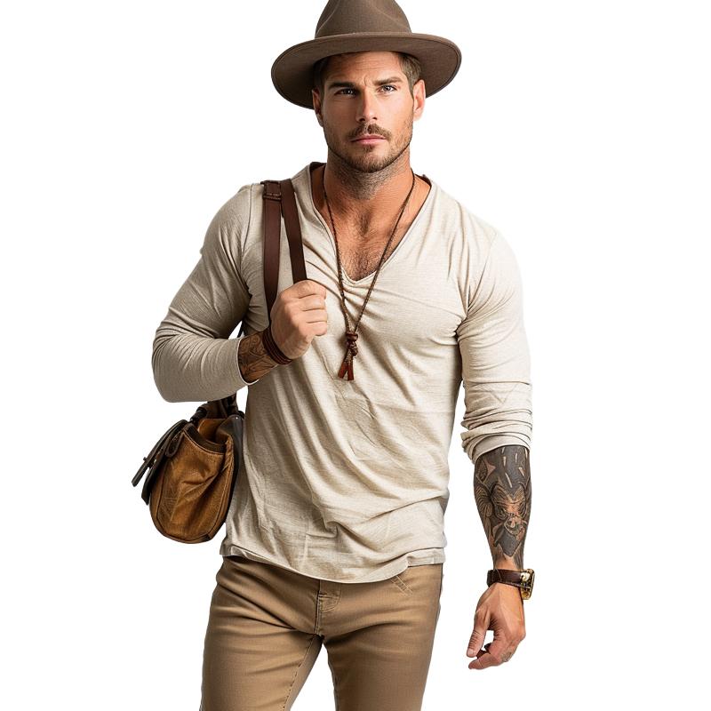 T-shirt décontracté à manches longues et col en V pour homme, coupe ajustée et en coton